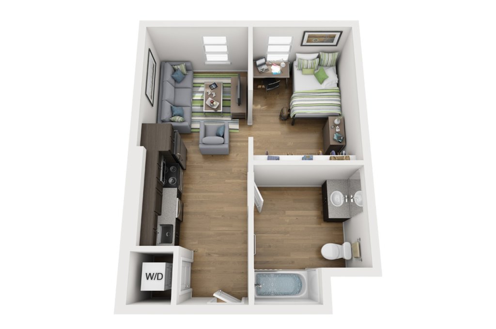 A 3D image of the 1BR/1BA – MISSION floorplan, a 486 squarefoot, 1 bed / 1 bath unit