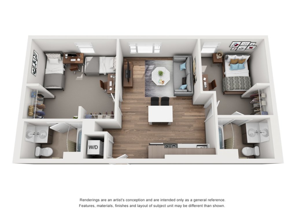 A 3D image of the 2BR/2BA – VOYAGE floorplan, a 723 squarefoot, 2 bed / 2 bath unit