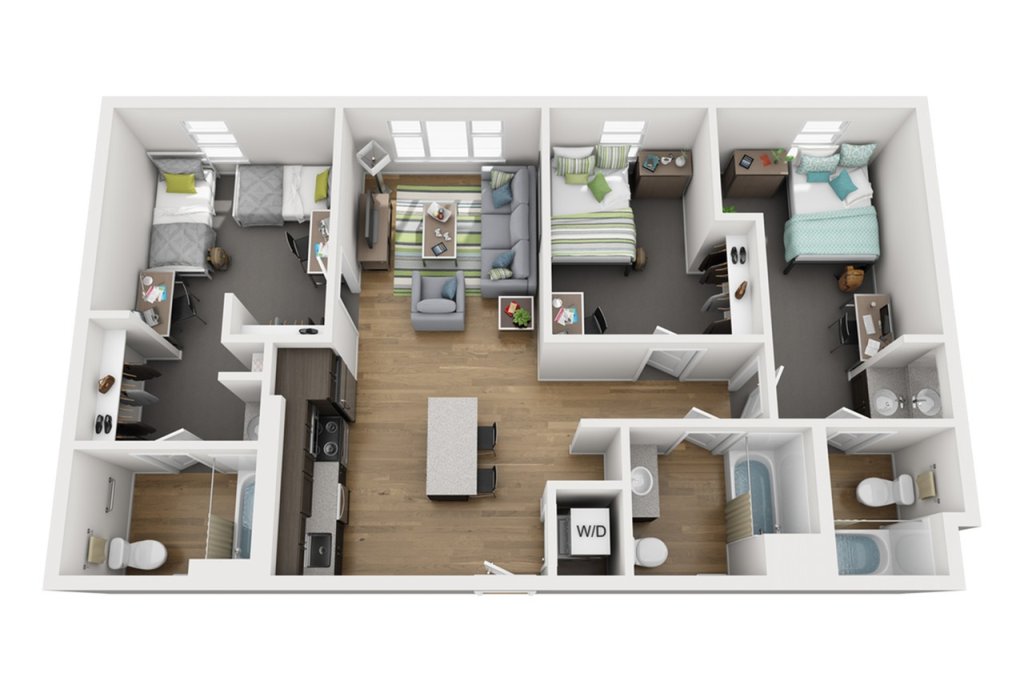 A 3D image of the 3BR/3BA – EXPEDITION floorplan, a 995 squarefoot, 3 bed / 3 bath unit
