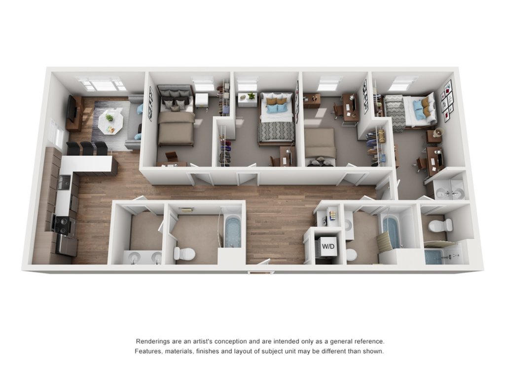 A 3D image of the 4BR/3BA – QUEST floorplan, a 1162 squarefoot, 4 bed / 3 bath unit