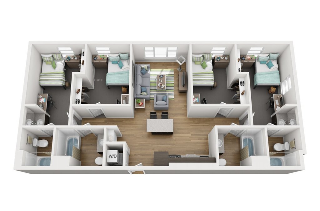 A 3D image of the 4BR/4BA – JOURNEY floorplan, a 1150 squarefoot, 4 bed / 4 bath unit